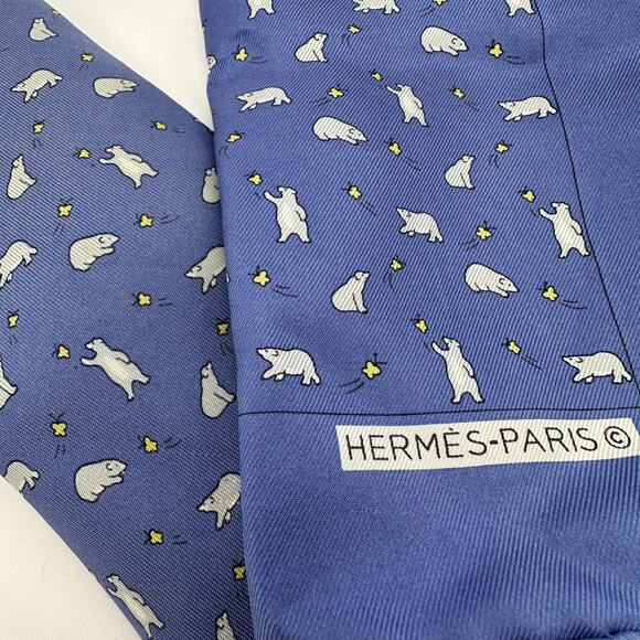 HERMES-PARIS 100% Silk Mens Tie & Pocket Square Polar Bears & Stars 7973 EA - Picture 1 of 9